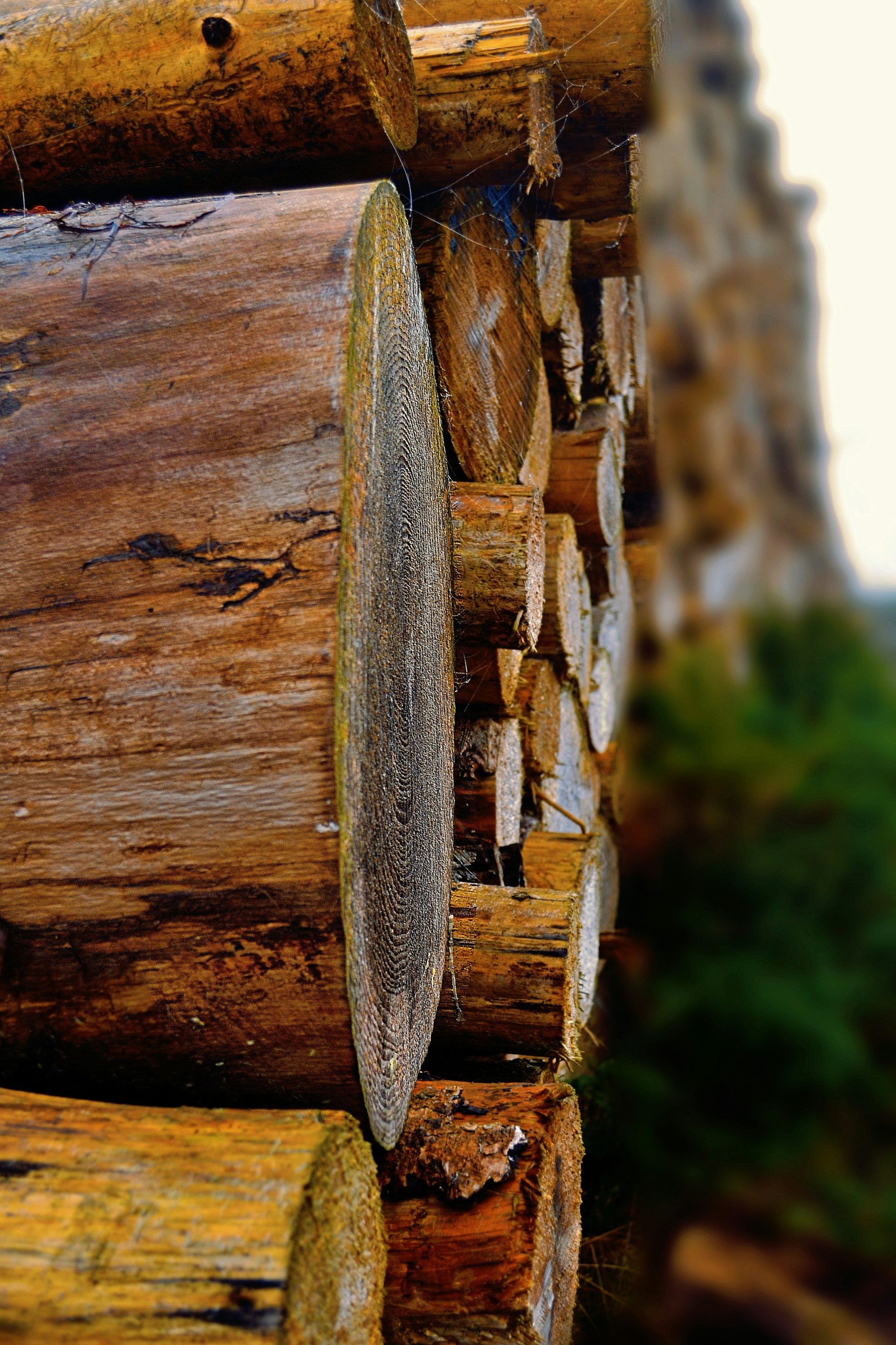 a pile of logs sitting next to a building