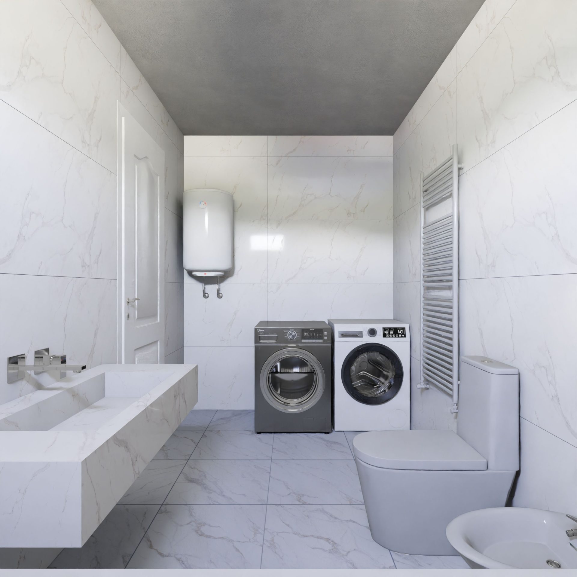 Salle de bains élégante avec lave-linge et sèche-linge, arborant un design minimaliste en marbre.